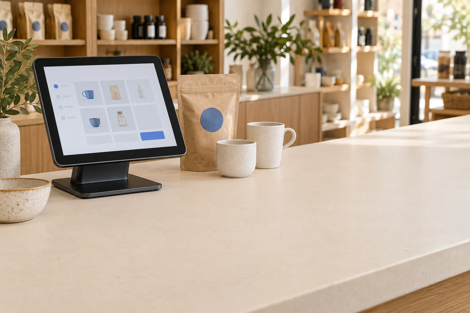 A point-of-sale terminal on a retail counter beside coffee and ceramics, the starting point for useful digital data outputs.