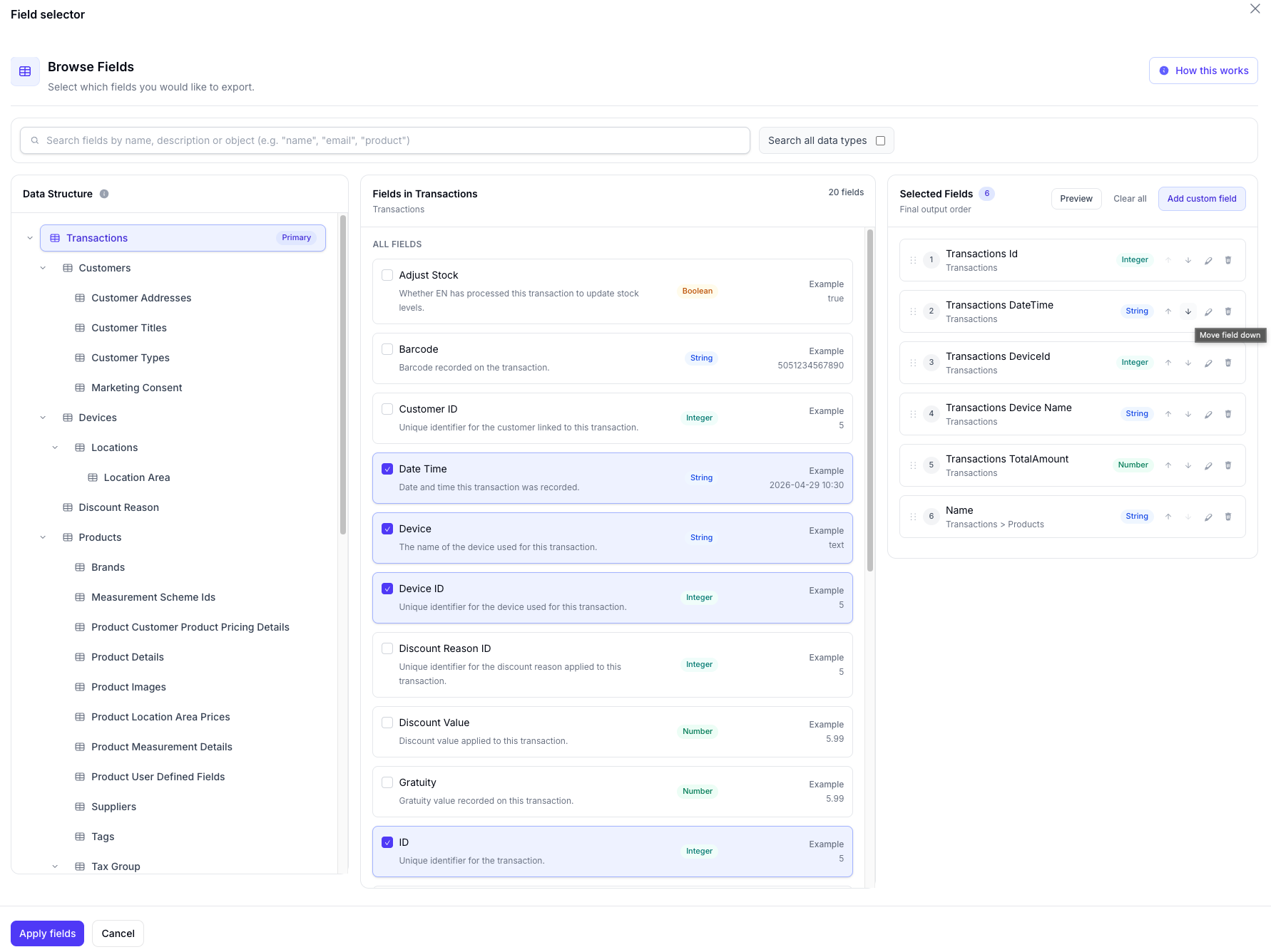 Flow field selector showing field search, connected POS data types and available transaction fields