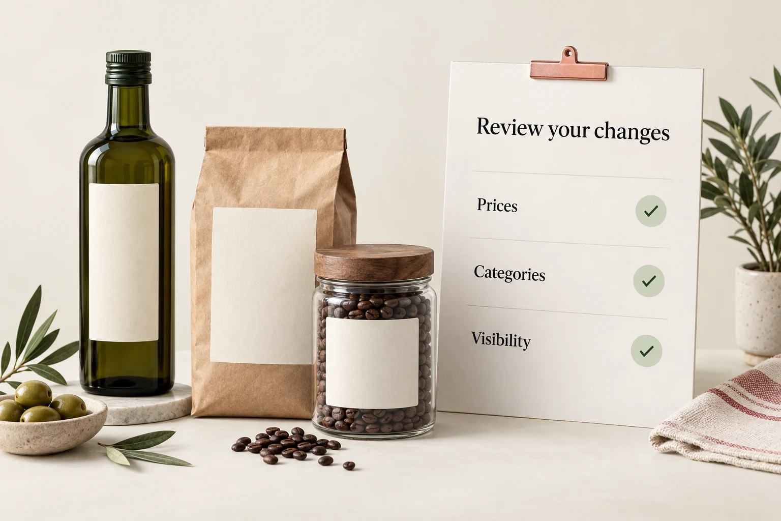 A small range of pantry products beside a product-change review sheet, illustrating considered bulk catalogue updates.