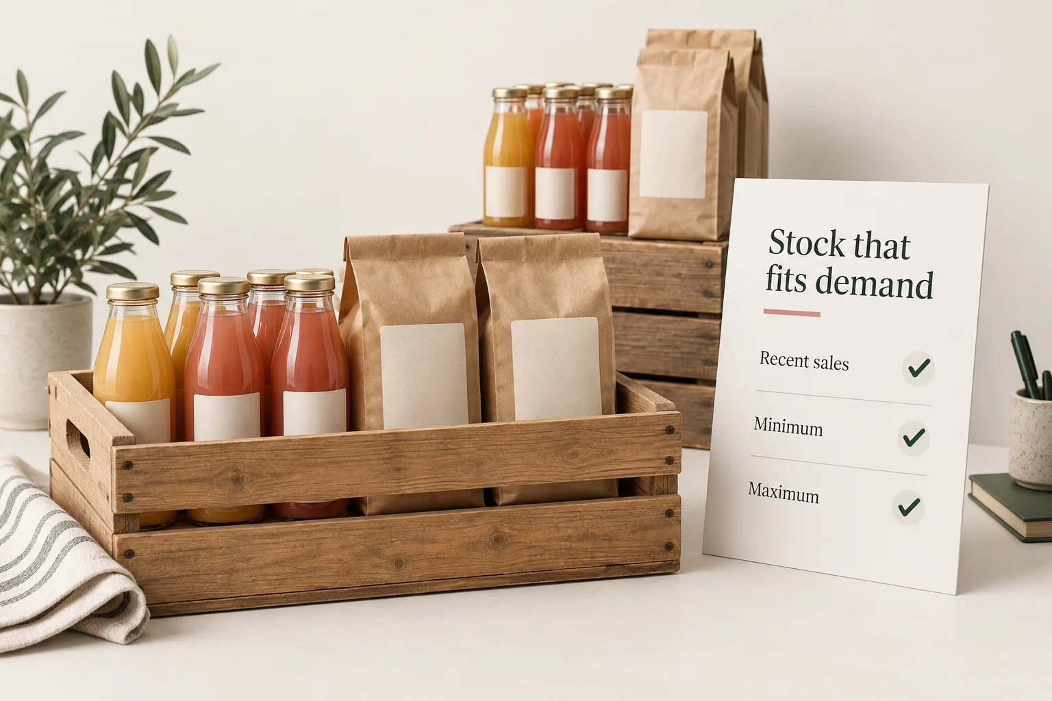 A measured selection of retail stock beside a replenishment worksheet, illustrating sales-based minimum and maximum stock settings.