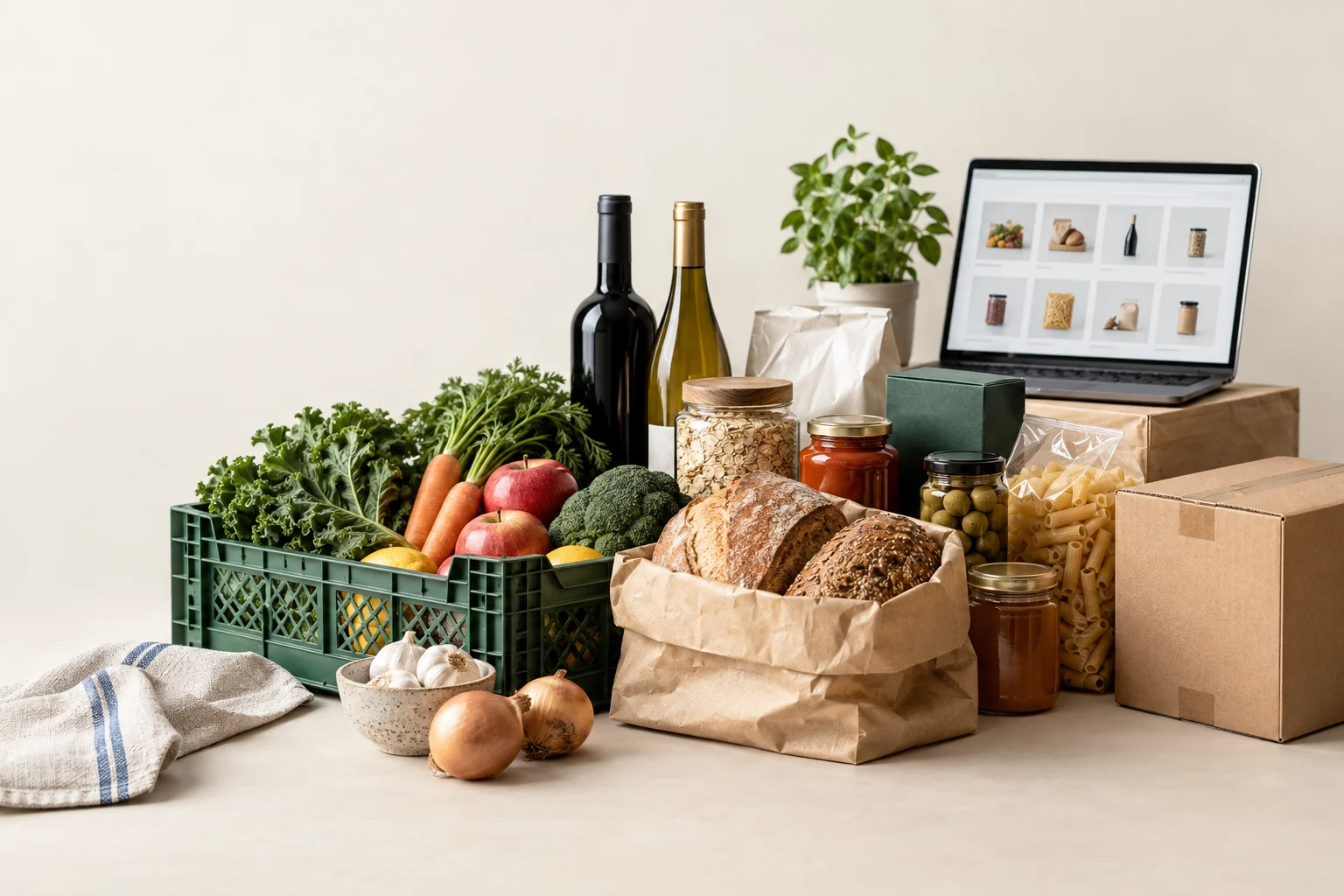 A broad food and drink retail range including groceries, bakery, drinks, produce and wholesale goods beside an online catalogue.