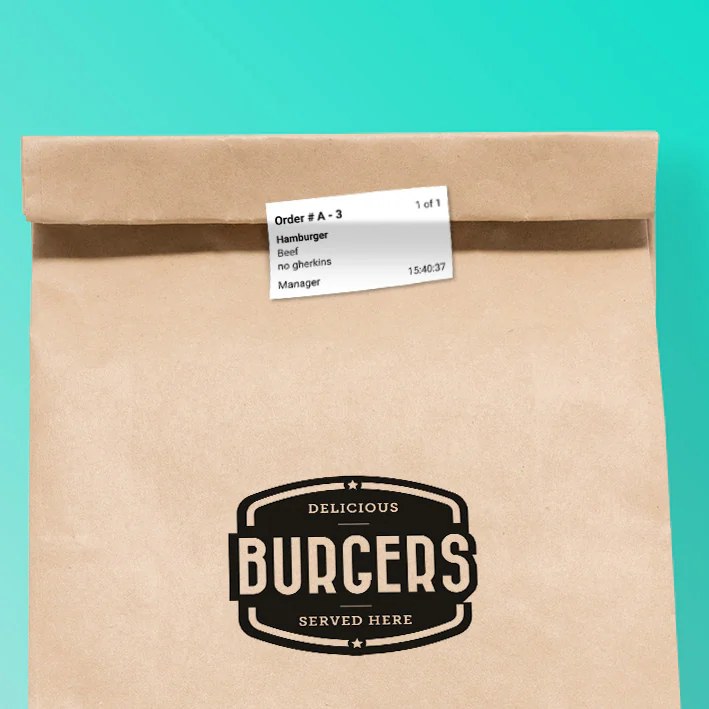 A printed food order label attached to packaging