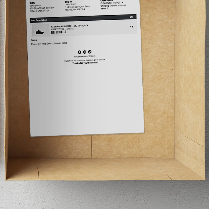 A packing slip containing shipping and product details