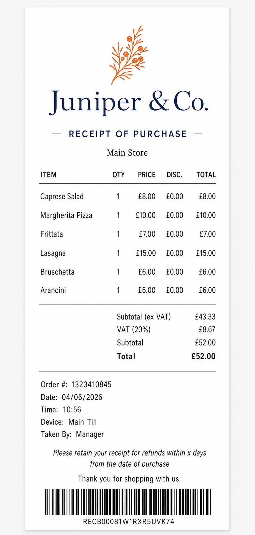 A polished Juniper and Co. receipt