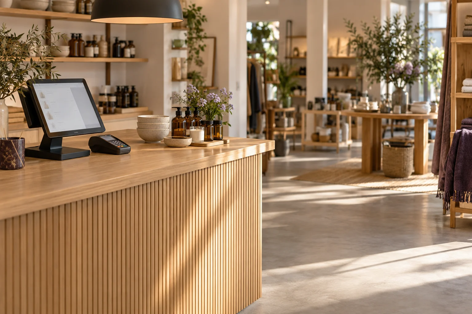 A POS terminal and card reader on the counter of a homewares shop.