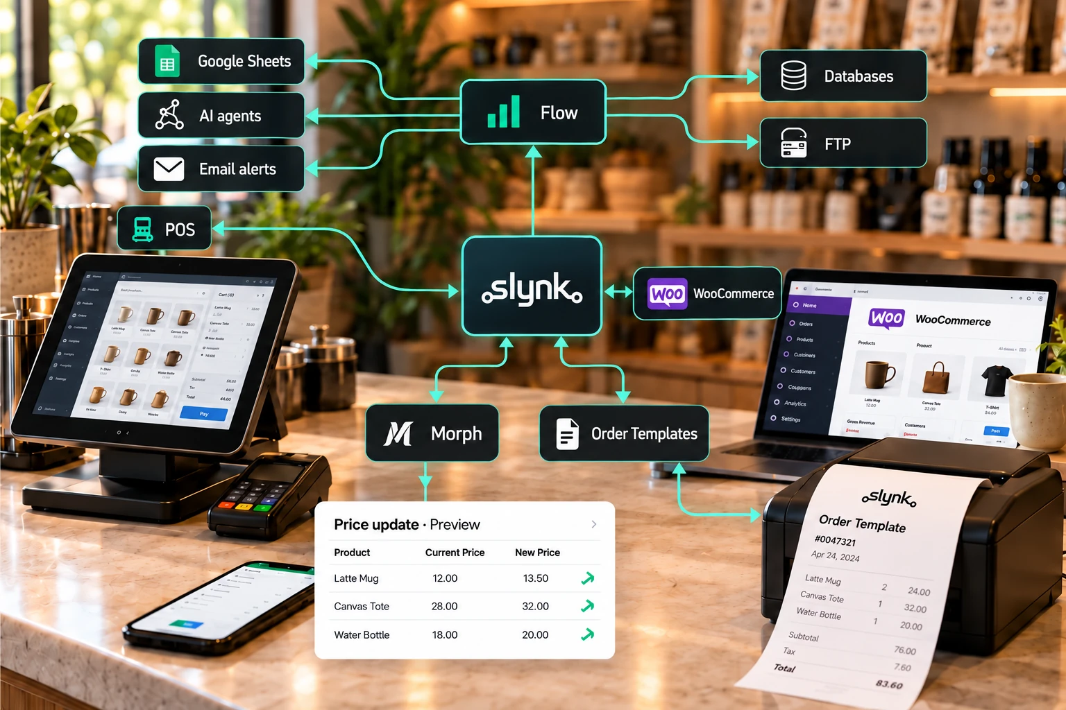 A retail POS connected through Slynk to Flow, Morph, WooCommerce and Order Templates. One-way connections from Flow deliver data to Google Sheets, AI agents, email alerts, databases and FTP.