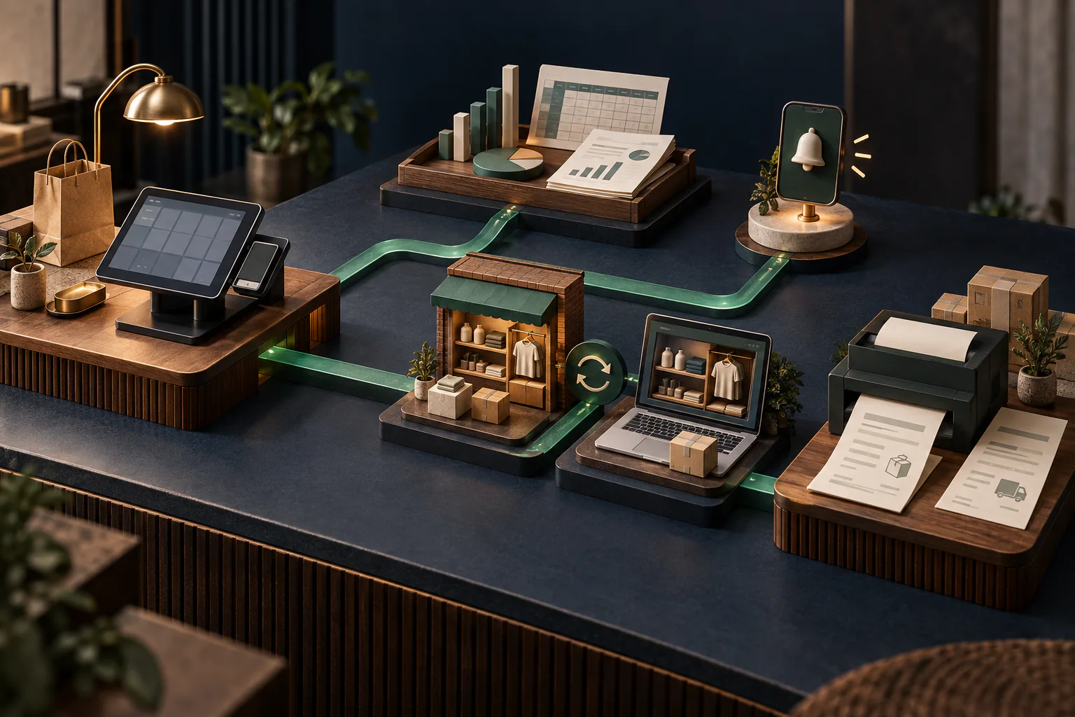 A miniature retail system showing POS data flowing to reports, alerts, synchronised online stock and branded documents.