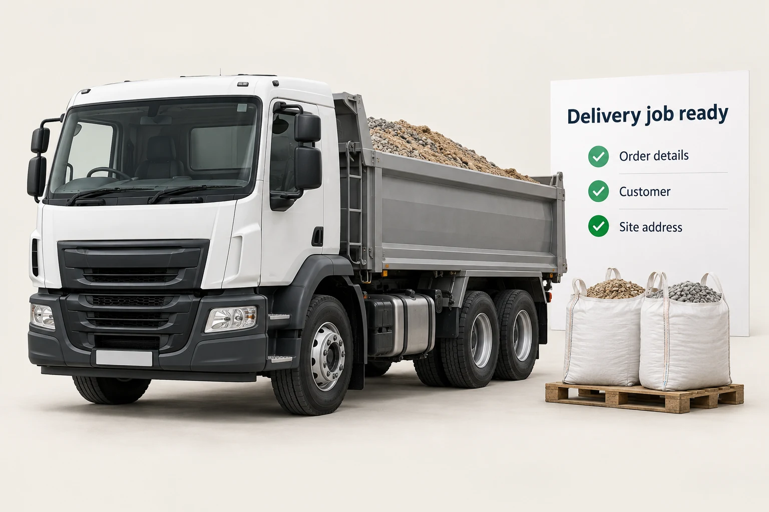 An unbranded tipper truck and large aggregate bags beside a prepared delivery job record, illustrating larger deliveries using a business’s own vehicles.
