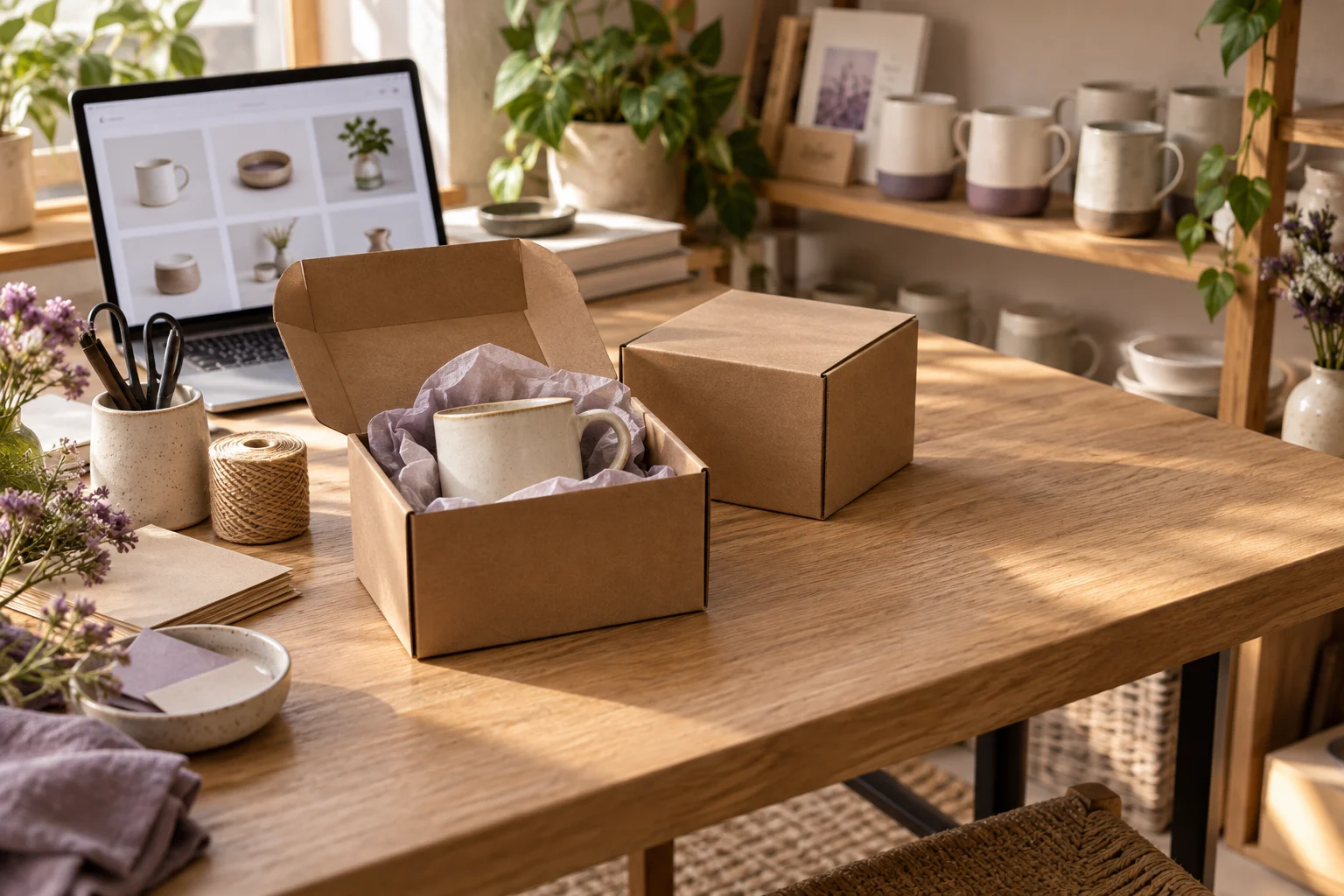 A retailer prepares online orders beside an ecommerce catalogue in a small ceramics shop.
