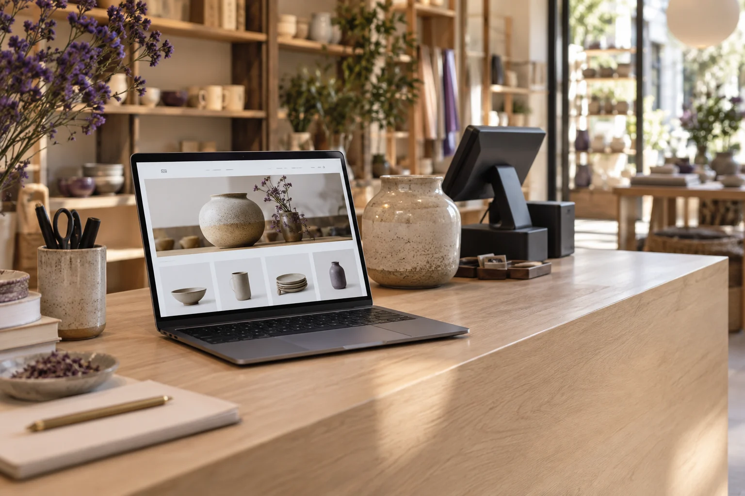 A retailer reviews a new online shop beside the till while planning an ecommerce migration.