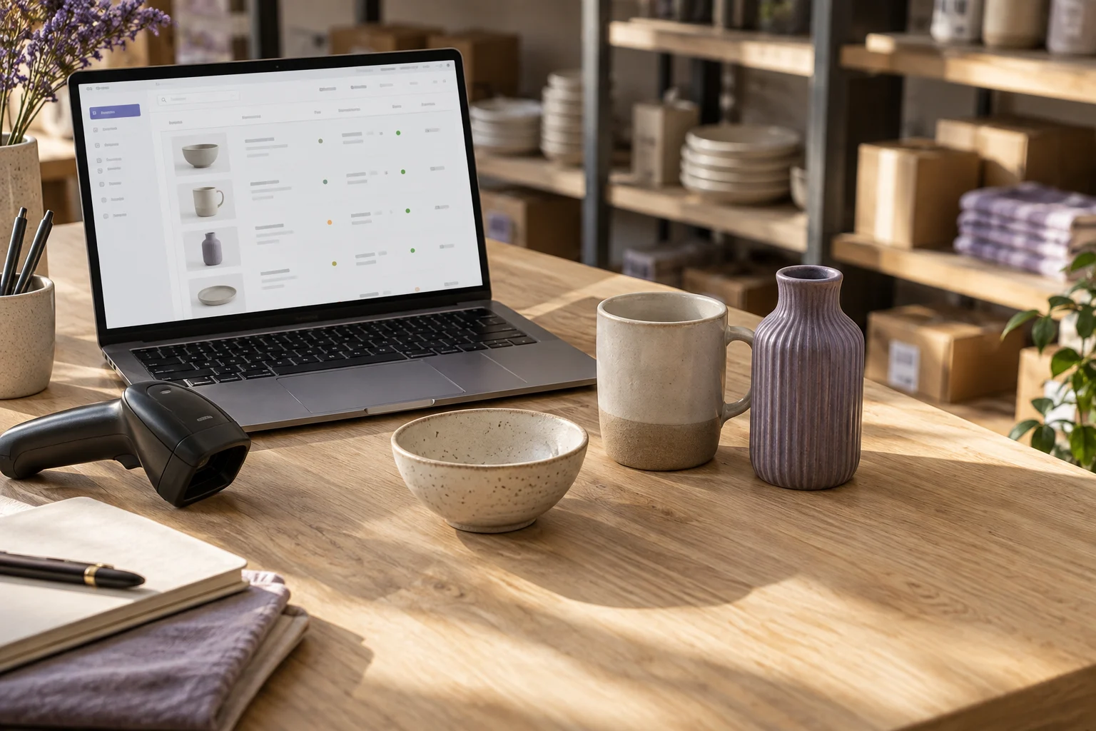 A retailer reviews central product inventory beside a barcode scanner and stocked shelves.